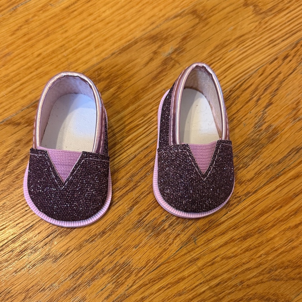 American Girl or Our Generation Sparkle Slip-On Shoes in Purple and Pink